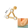 16G Gold plated triangle stud earring with 9mm bar and clear triple round gemstones - Black Polka Dot