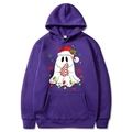 Purple Christmas hoodie featuring cute ghost cartoon print and classic hooded design - Purple