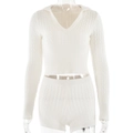 Schickes weißes Zopfstrick-Set für Damen mit Langarm-Hoodie und passenden Shorts - S / Weiß