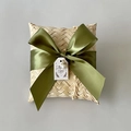 Detail of handmade bamboo gift box with olive green ribbon, pearl charm, and Thank You tag - Flat Box Moss Green Ribbon Style