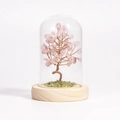 Pink quartz crystal tree ornament in glass dome with wood base and green peridot stones - Rose Quartz / 11*7.5cm / No Box