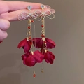 Elegant gold drop earrings with rhinestone bows, red beads and silk rose petals - Gold Dark Red Bowknot Tassel (7# Silver Pin)