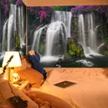 Tapisserie murale paysage forêt et cascade pour décoration de chambre et dortoir - 150x130cm / Paysage de Cascade de Fleurs Pourpres