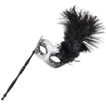 Maschera veneziana argento con piume nere e bastone per feste e cosplay - Maschera a mano argento e nero