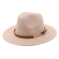 Light pink wide brim straw Panama sun hat with brown leather belt and gold buckle - M (56-58cm) / Pink