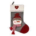 Gray Christmas stocking with red toe and knitted cuff featuring a 3D snowman character - Snowman