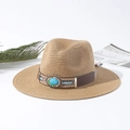 Cappello Panama in paglia bohémien con fascia di perline turchesi per lo stile mare - M (56-58cm) / Cammello