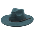 Detail of teal suede fedora hat with brown braided leather band and silver metal buckle - M (56-59cm) / Dark Green Suede