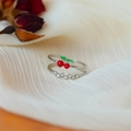 Silver-tone cherry jewelry set with red enamel and clear zircon stones on soft fabric - Adjustable Open / Silver Cherry Rhinestone Ring Set