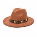 Detail of camel wool fedora hat featuring leopard band with star-shaped gold studs - M (56-58cm) / Khaki