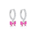 S925 silver hoop earrings featuring pink enamel bow pendants with sparkling zircons - Rose Red (Platinum Plated)
