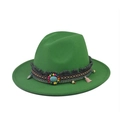 Green wool fedora hat with bohemian ethnic beads and turquoise stone tassels - Adult Size / Green