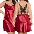 Plus size red satin nightgown featuring elegant black lace butterfly embroidery on back - 1XL / Red
