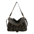 Borsa tote vintage marrone scuro multitasche in morbida ecopelle con fibbie metalliche - Nero