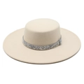 Elegant cream flat top boater hat featuring a luxury silver rhinestone band detail - M (56-58cm) / Beige