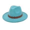 Detail of teal fedora hat showing crown indent and brown braided faux leather band - M (56-58cm) / Lake Blue