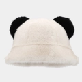 Detail der Plüsch-Panda-Fischerhut mit weicher Kunstfelltextur und schwarzen Ohren - Einheitsgröße / Milchweiß