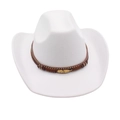 White felt cowboy hat featuring a brown braided band with beads and golden feather charm - M(56-58cm) / White (Gold Feather)