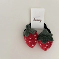 Pair of cute hand-knitted strawberry hair ties with red berries and green leaves - Red Strawberry