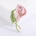 Elegant enamel pink morning glory flower brooch with green leaves and gold metal accents - Pink (3522)