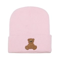 Bonnet en maille rose pour femme avec broderie ours mignon et texture côtelée - Rose