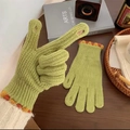 Green knit fingerless gloves with colorful fuzzy pom-pom trim and touchscreen design - Yellow-Green