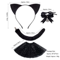 Panoplie chat noir avec oreilles à paillettes, collier à clochette, queue et jupe en tulle - Set de 4 pièces chat noir (Serre-tête + Choker + Queue + Jupe) / Noir