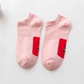 Pink low cut ankle socks featuring traditional red embroidered folk motif patches - Women Short Tube / Pink