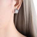 Silver square zircon stud earring with vintage cable twist texture on female model - Silver White Zircon Earrings