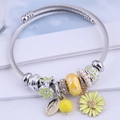 Bohemian silver cable bracelet with yellow daisy charms and beaded crystal pendants - 6# Yellow Flower & Daisy