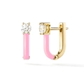 Close-up of U-shaped gold earrings with pink enamel and sparkling round white gemstones - LN0938-6 Pink Enamel U-Shape Zirconia Studs