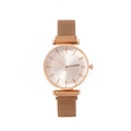 Detail of rose gold mesh watch band with magnetic buckle and rhinestone dial markers - Rose Gold Milanese Band