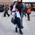Long wool coat in grey, pink, and blue patchwork pattern with a stylish loose silhouette - Geometric Print