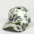 Detail of teal baseball cap with colorful botanical leaf and fruit print patterns - Adjustable / Light Green (Plant & Fruit Print)