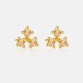Detailed macro view of gold S925 silver stud earrings with three champagne gemstones - 925 Silver / 18K Gold Champagne Rhinestone