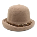 Close-up of camel knitted bucket hat featuring refined texture and brown leather strap - M (56-58cm) / Brown