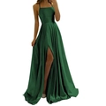 Eleganteres smaragdgrünes Abendkleid aus Satin mit Spaghettiträgern und hohem Beinschlitz - L (US 12) / Smaragdgrün