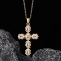 Elegant gold cross pendant necklace featuring white pearls and clear zircon gemstones - Gold Pearl Border Colorful (款式9)