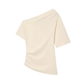 Beige asymmetric off-shoulder top with side pleated details and casual short sleeves - XS / Milky White