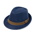 Navy blue woven fedora hat with striped band for kids and adults outdoor sun protection - Blue