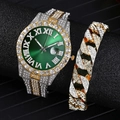 Detailed close-up of a gold-silver iced out watch with green dial and Cuban link bracelet - Two-Tone / Green Watch + Bracelet