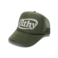 Détail de la casquette trucker vert foncé avec logo filthy blanc et filet arrière - Vert Militaire