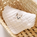 Soft white multi-layer cotton gauze baby washcloth with cute cat embroidery in a basket - Small / Cat