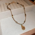 Detail of bohemian sun pendant necklace with tiger eye stone and beaded chain in vintage box - 15# Tiger Eye Water Drop Pendant Beaded Necklace (Coffee) (5724374212087)