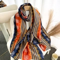 Lange zijden sjaal in etnische stijl in marineblauw en oranje met patronen - 180*90CM / Etnische Klassieke Stijl