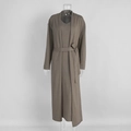 Close-up of taupe knitted long cardigan and V-neck dress set with matching waist belt - Dark Coffee