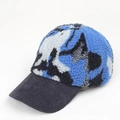 Detail of warm patchwork baseball cap with soft fleece crown and corduroy brim - Blue