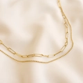 Double layered 18K gold plated stainless steel paperclip and bead chain necklace - Paperclip Layered Chain
