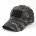 Close-up of tactical camouflage baseball cap featuring a large black Velcro front panel - Adjustable / American Black Camo