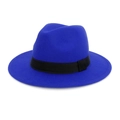 Royal blue wool fedora hat with a wide brim and a contrasting black decorative band - One Size / Sapphire Blue